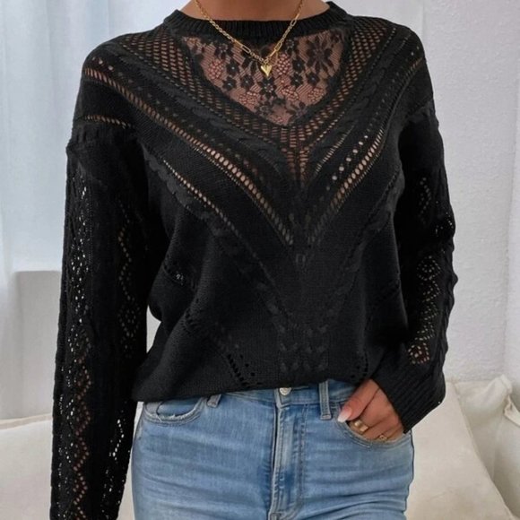 Lace Detailed Long sleeve Knit Sweater  Top Black - Picture 5 of 6